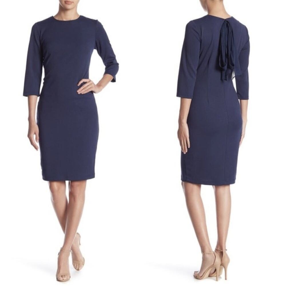 Marina Sheath Bow Dress 3/4 Sleeve Professional Career Navy
